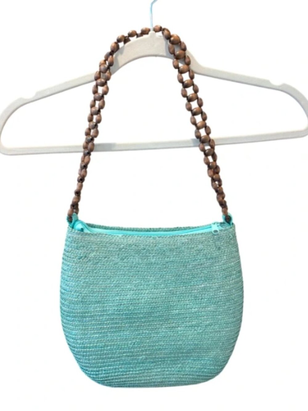 Straw Purse Bag Celery Green Brown Beaded Wood Handle Beachy Casual